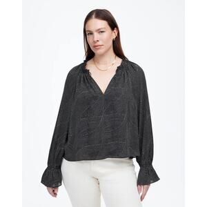 Madewell Women's Long-Sleeve Tie-Neck Ruffled Blouse Top True Black Size L NWT